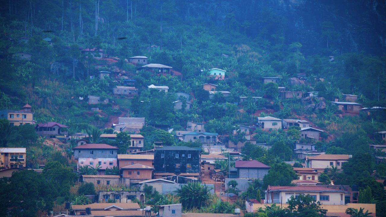 Houses on a green hillside